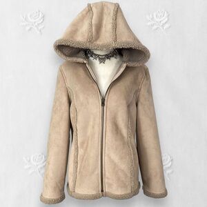 L.L Bean Cream Tan Faux Suede Chunky Teddy Shearling Winter Jacket With Hood M
